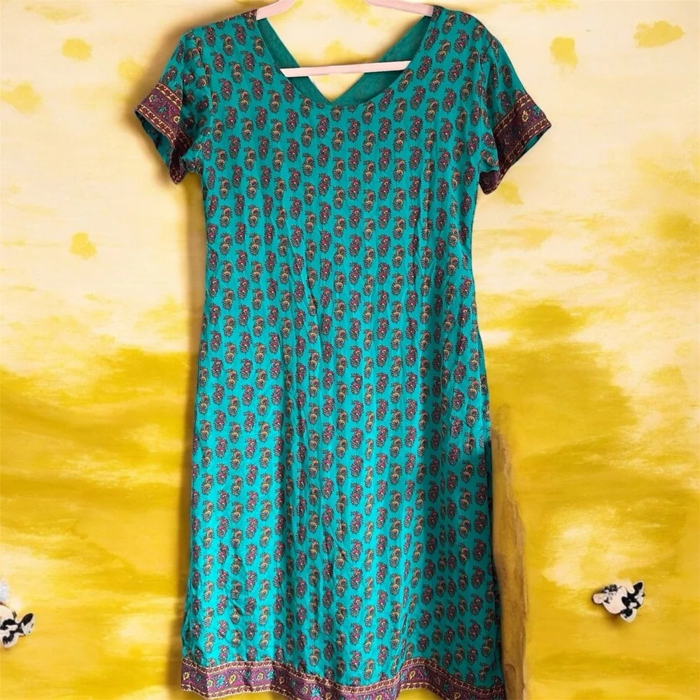 Silk Kurti Indian Design Vibrant Teal Dress Tunic with Purple Accents 31” Waist - Picture 2 of 9